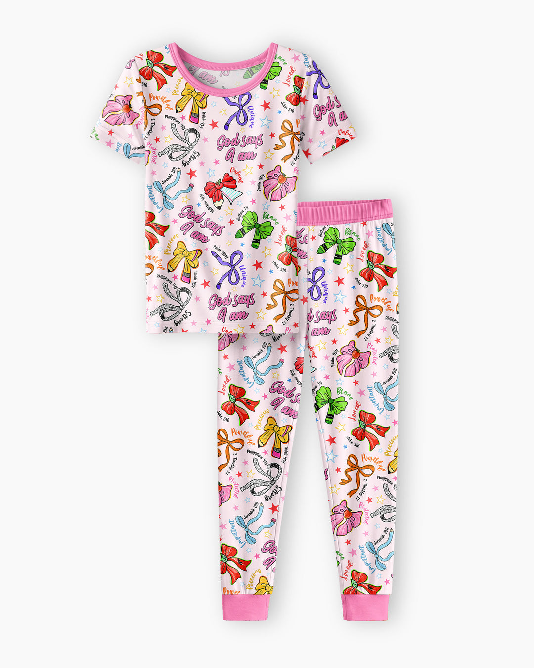 Pencil Bows God Says I Am Bamboo Two Piece Short Sleeve Pajama Set