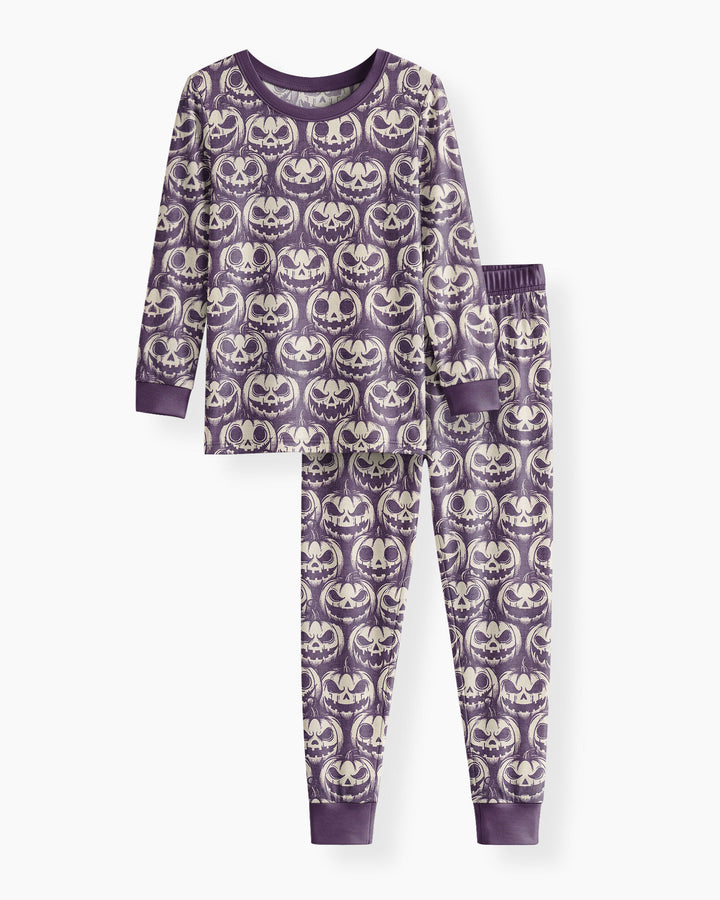 Retro Halloween Jack-O-Lantern Spooky Faces Bamboo Two Piece Long Sleeve Pajama Set