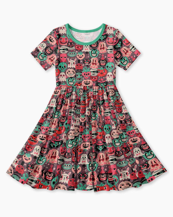 Retro Halloween Monsters Ghost Pumpkin Mummy Bamboo Twirl Dress