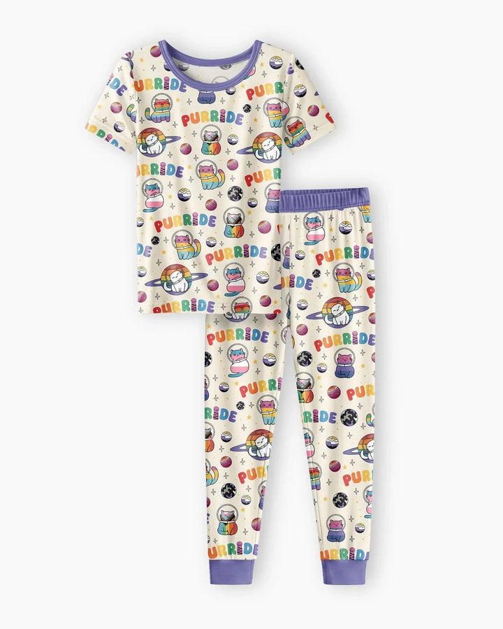Rainbow Space Cats Family Matching Bamboo Two Piece Short Sleeve Pajama Set