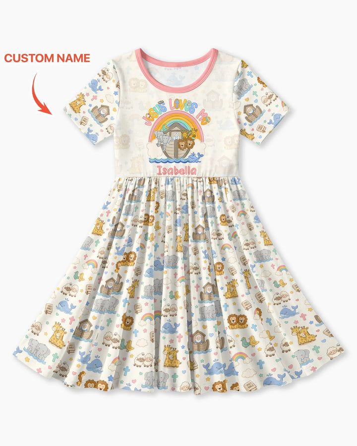 Custom Name Noah's Ark Jesus Loves Me Bamboo Twirl Dress