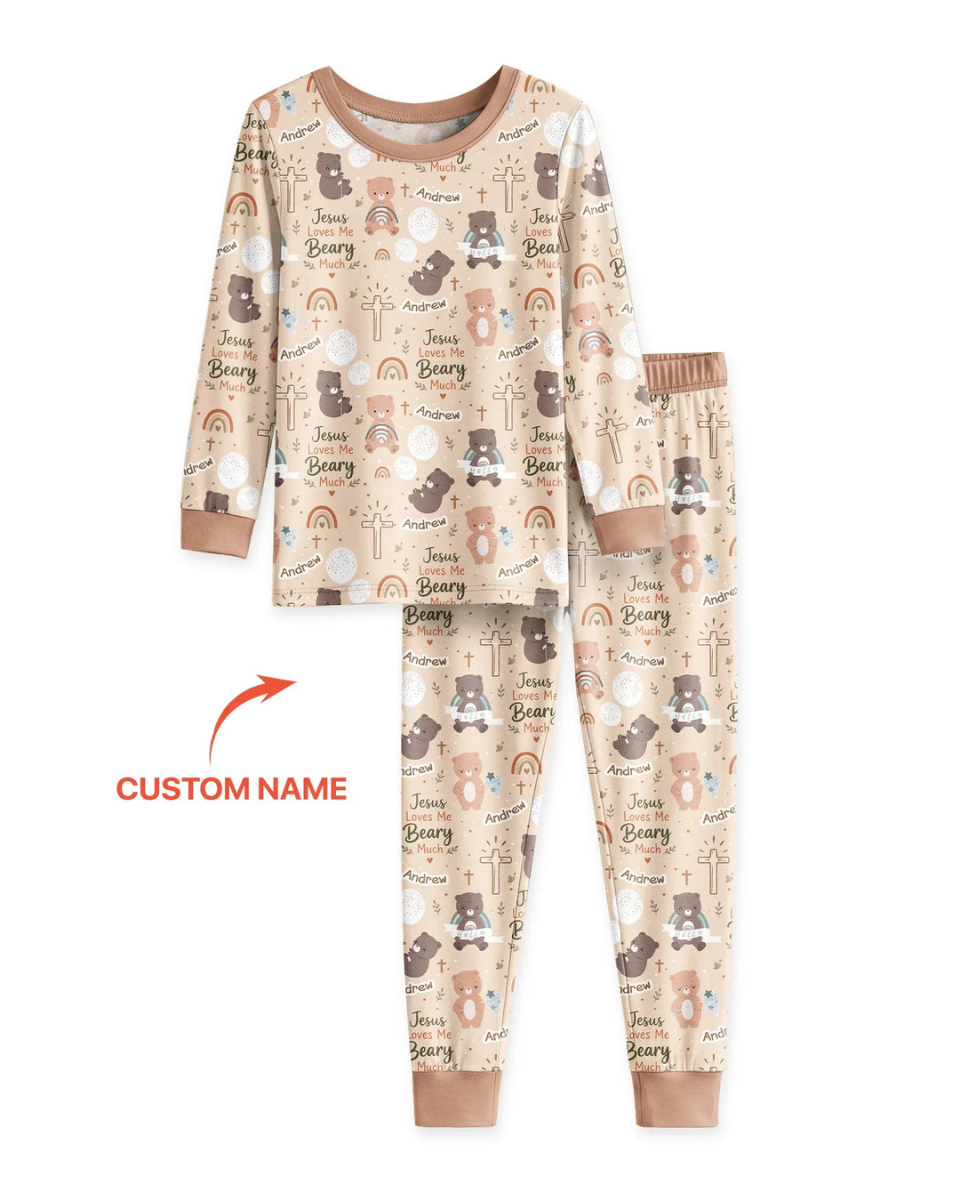 Custom Name Jesus Loves Me Beary Much Bamboo Two Piece Long Sleeve Pajama Set
