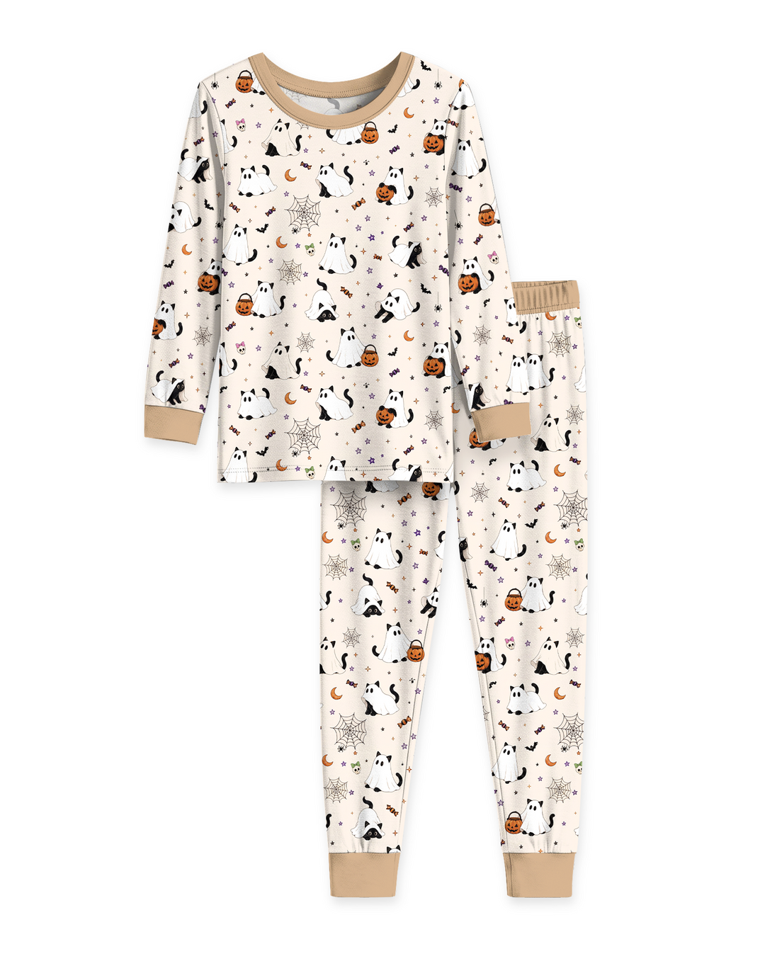 Ghost Cat Vintage Halloween Bamboo Two Piece Long Sleeve Pajama Set