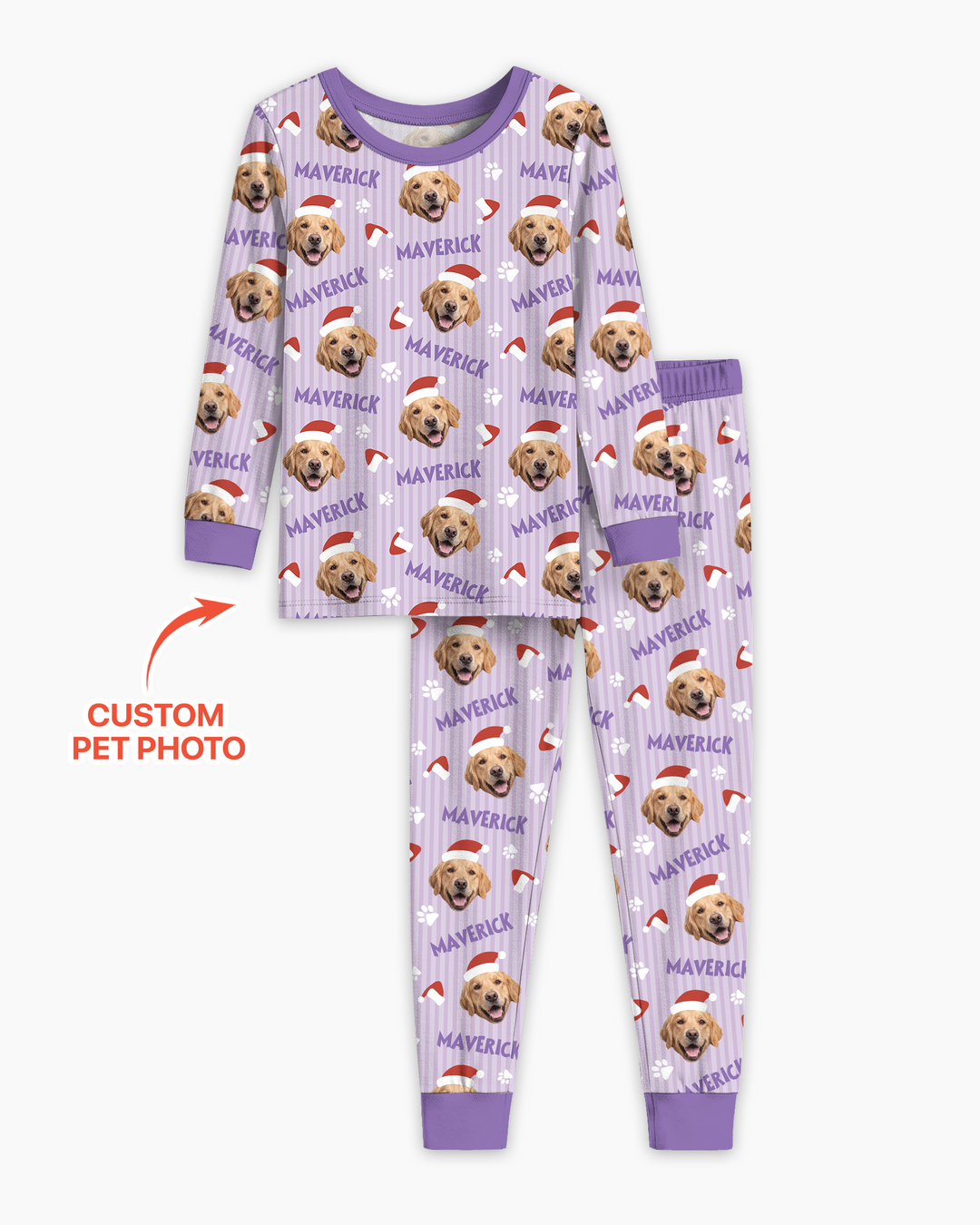 Custom Pet Photo Christmas Paws Stripe Bamboo Two Piece Long Sleeve Pajama Set