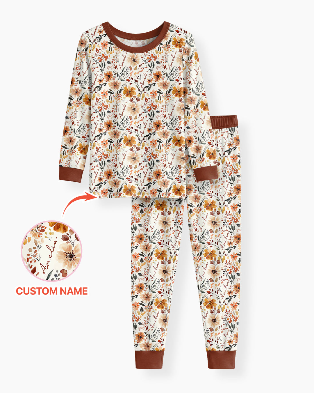 Custom Name Fall Flower Bamboo Two Piece Long Sleeve Pajama Set