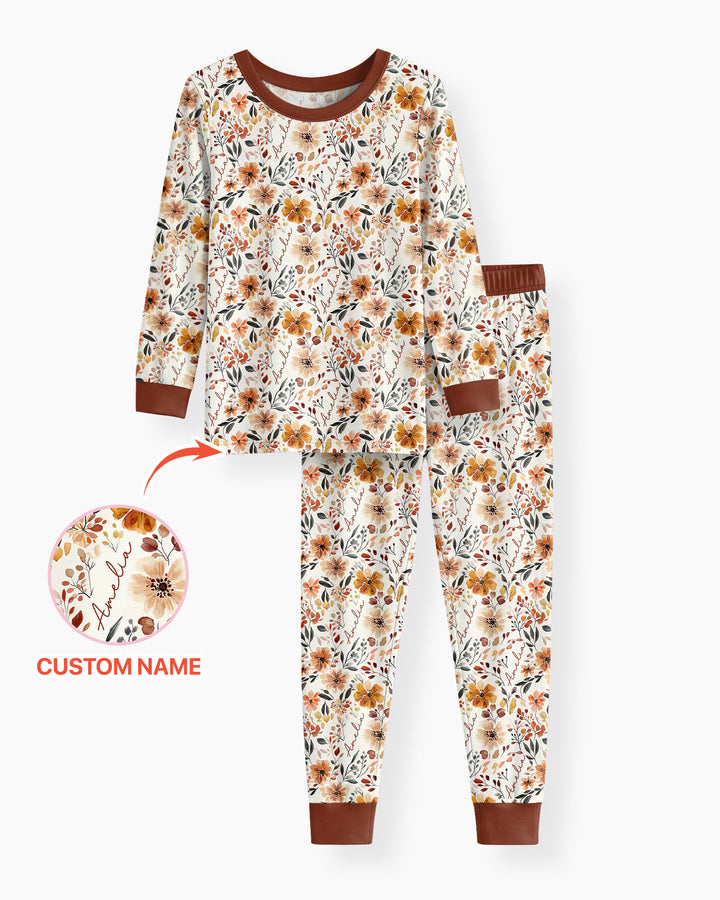 Custom Name Fall Flower Bamboo Two Piece Long Sleeve Pajama Set