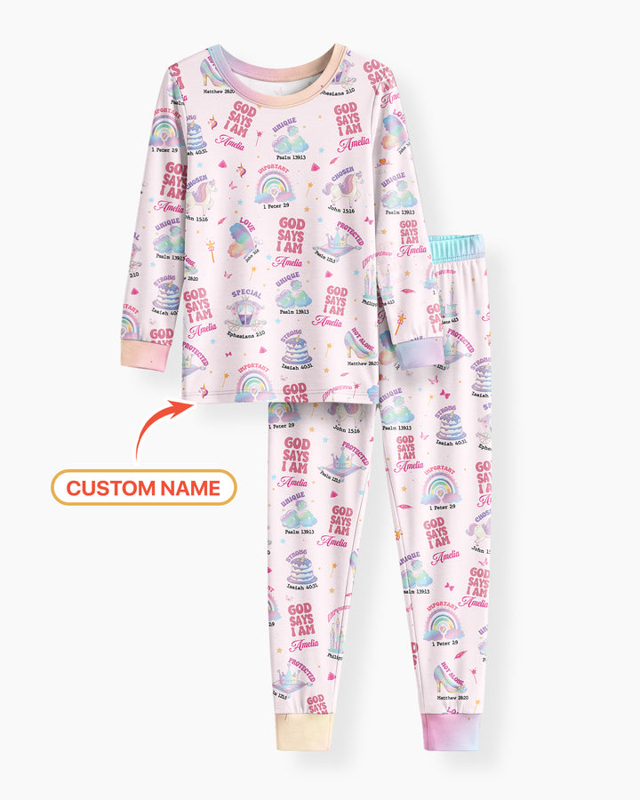 God Says I Am Custom Name - Dreamy Princess Bamboo Two Piece Long Sleeve Pajama Set