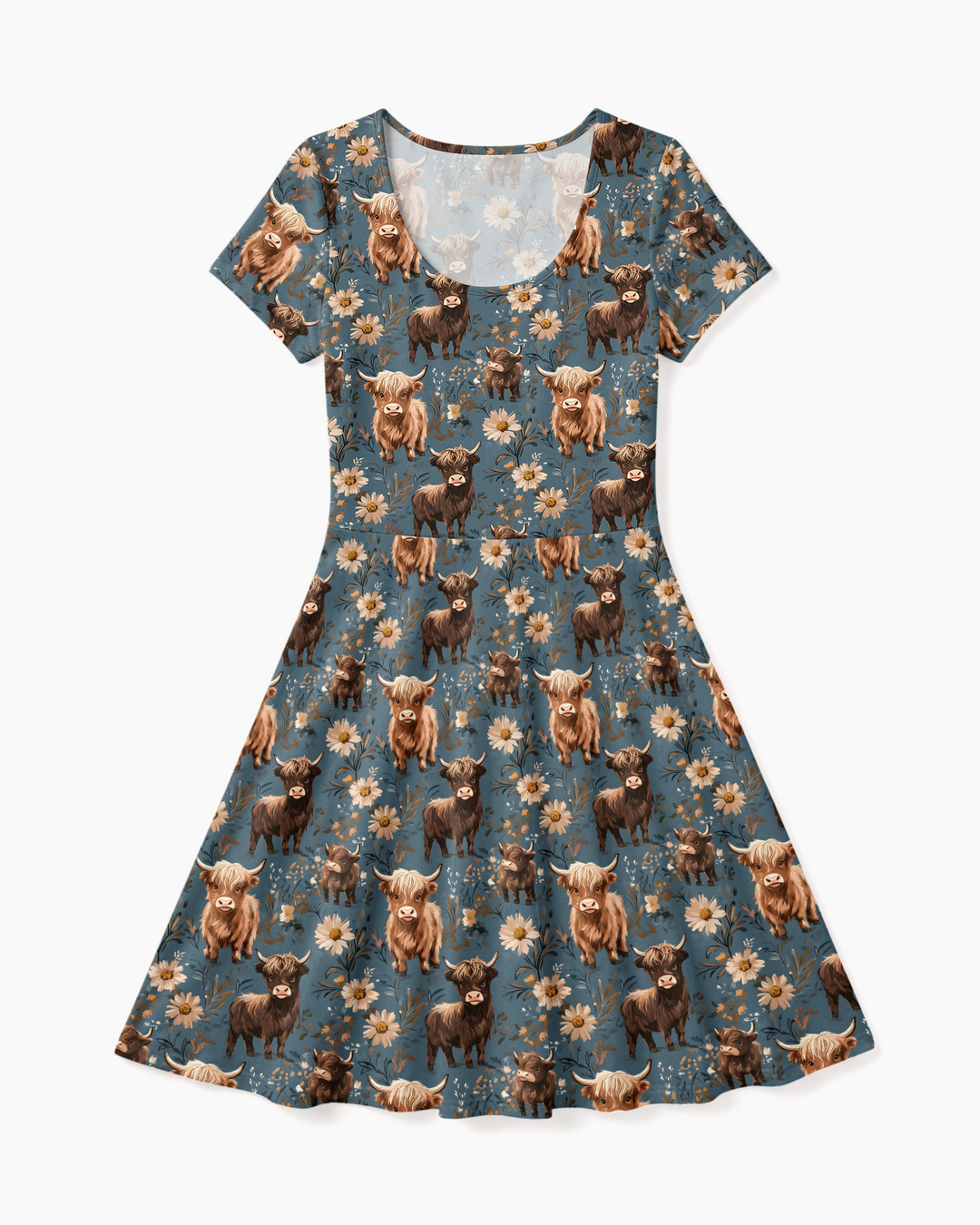 Majestic Highland Cows Family Matching  Bamboo Women’s Short Sleeve Twirl Dress