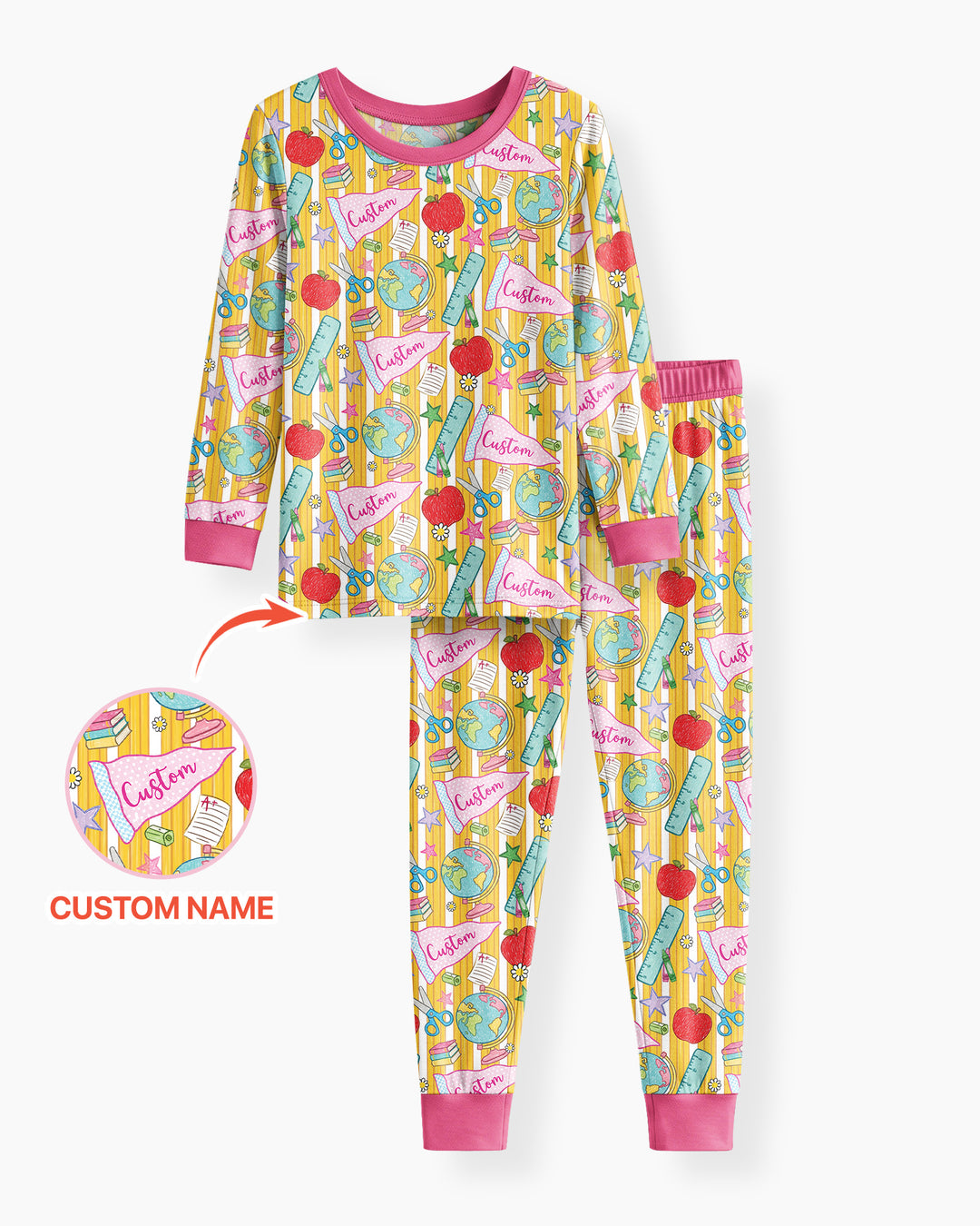 Custom Back To School Pennant Bamboo Two Piece Long Sleeve Pajama Set