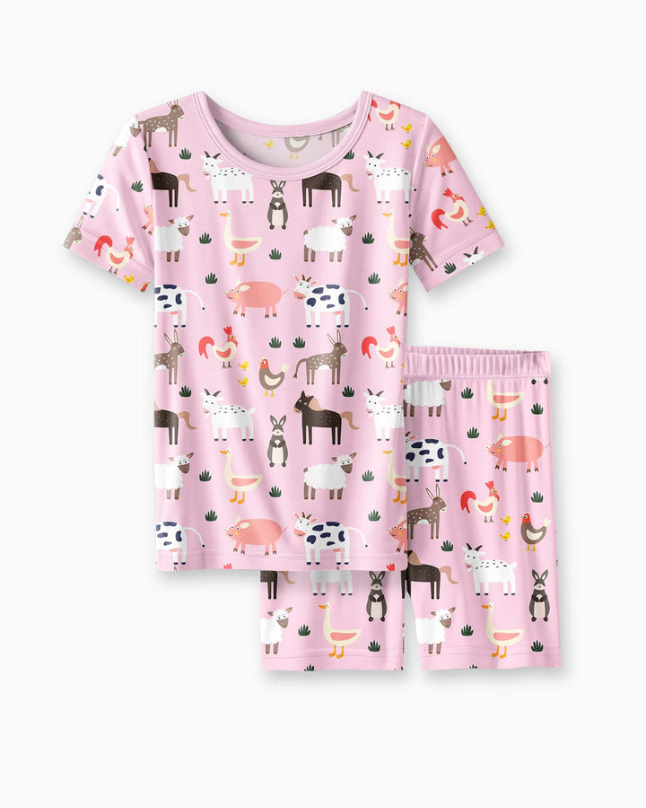 Pink Farm Animals Bamboo Two Piece Short Sleeve Shorts Pyjamas Set