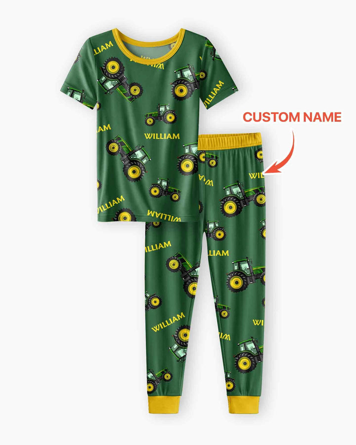 Custom Name Green Tractors Matching Daddy & Me Bamboo Two Piece Short Sleeve Pajama Set