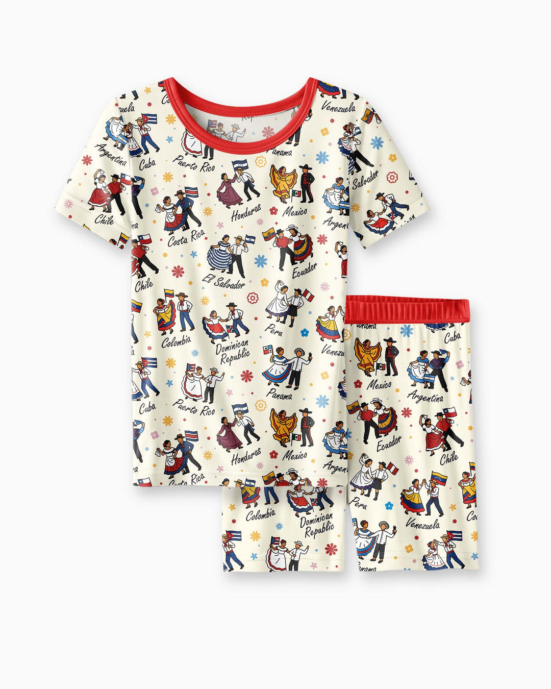 Hispanic Traditional Folkloric Dress Bamboo Two Piece Short Sleeve Shorts Pajama Set