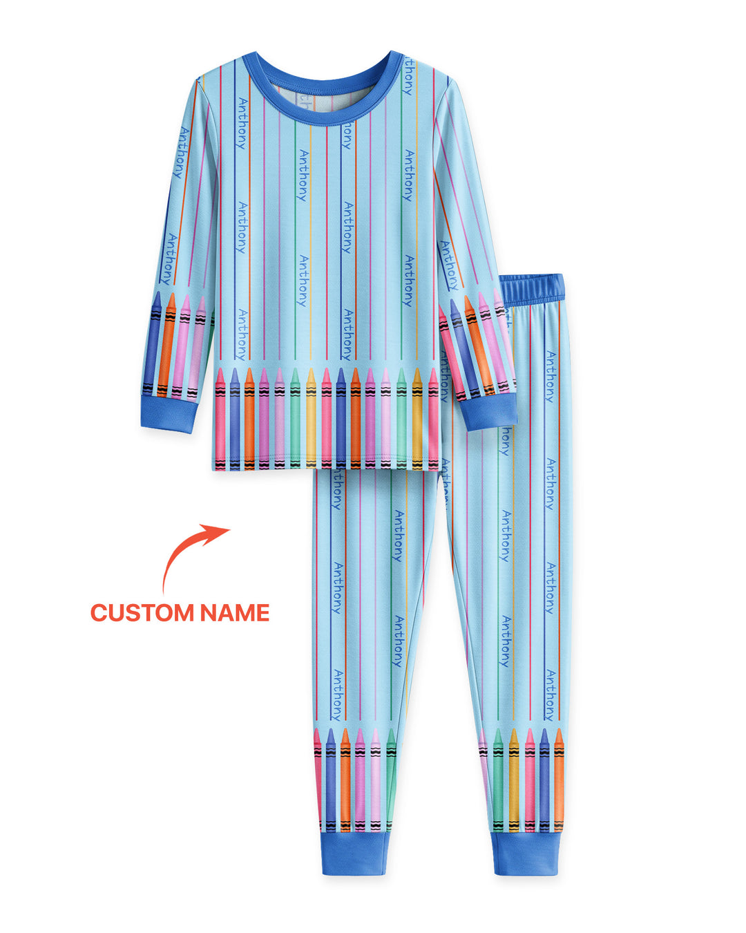 Custom Name Crayon Lines Bamboo Two Piece Long Sleeve Pajama Set