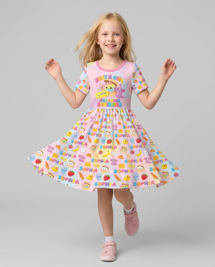 Just A Girl Who Loves Squishy Custom Name Bamboo Twirl Dress