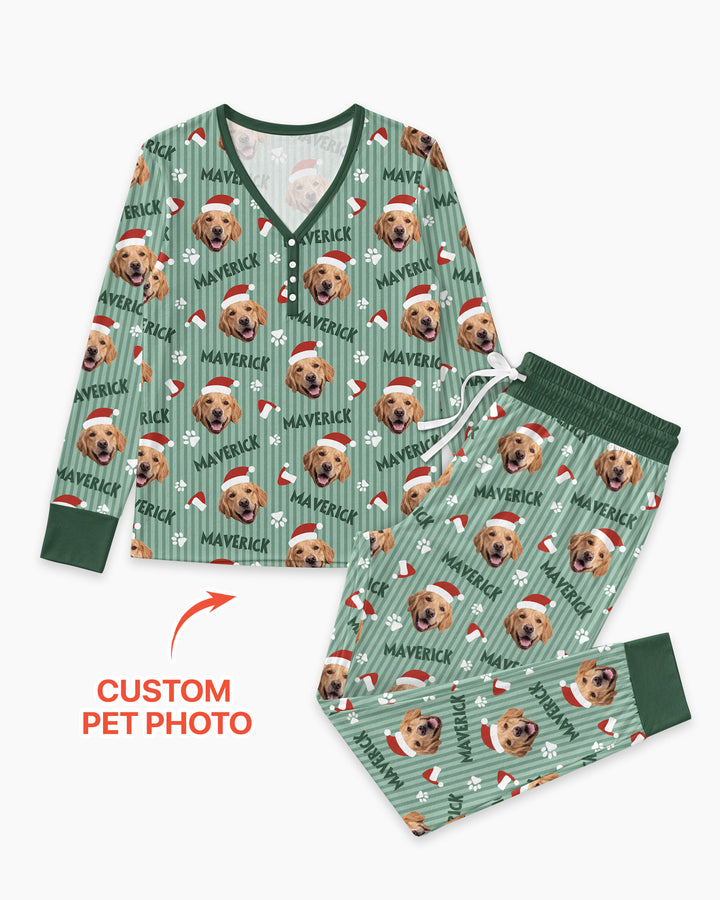 Custom Pet Photo Christmas Paws Stripe Bamboo Women Pajama Set