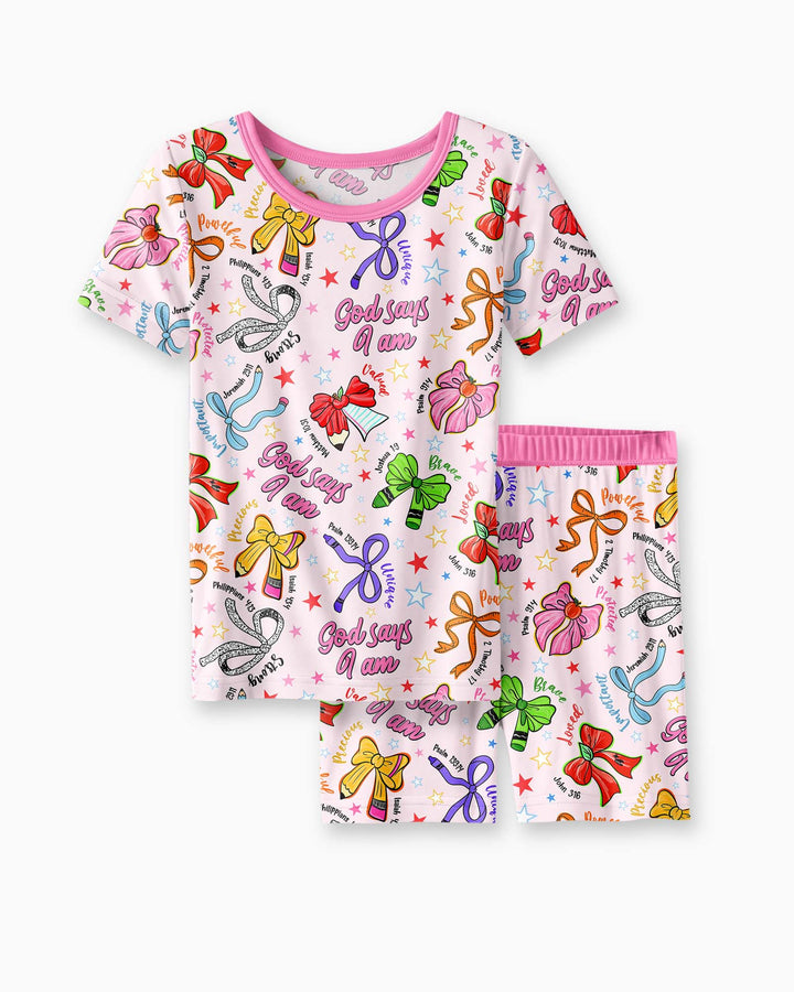 Pencil Bows God Says I Am Bamboo Two Piece Short Sleeve Shorts Pajama Set