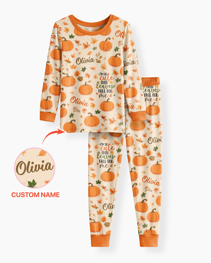 Custom Name I'm So Cute Even Leaves Fall for Me Bamboo Two Piece Long Sleeve Pajama Set