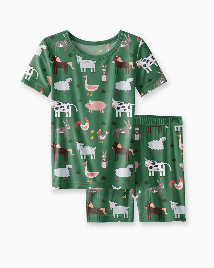 Green Farm Animals Bamboo Two Piece Short Sleeve Shorts Pyjamas Set