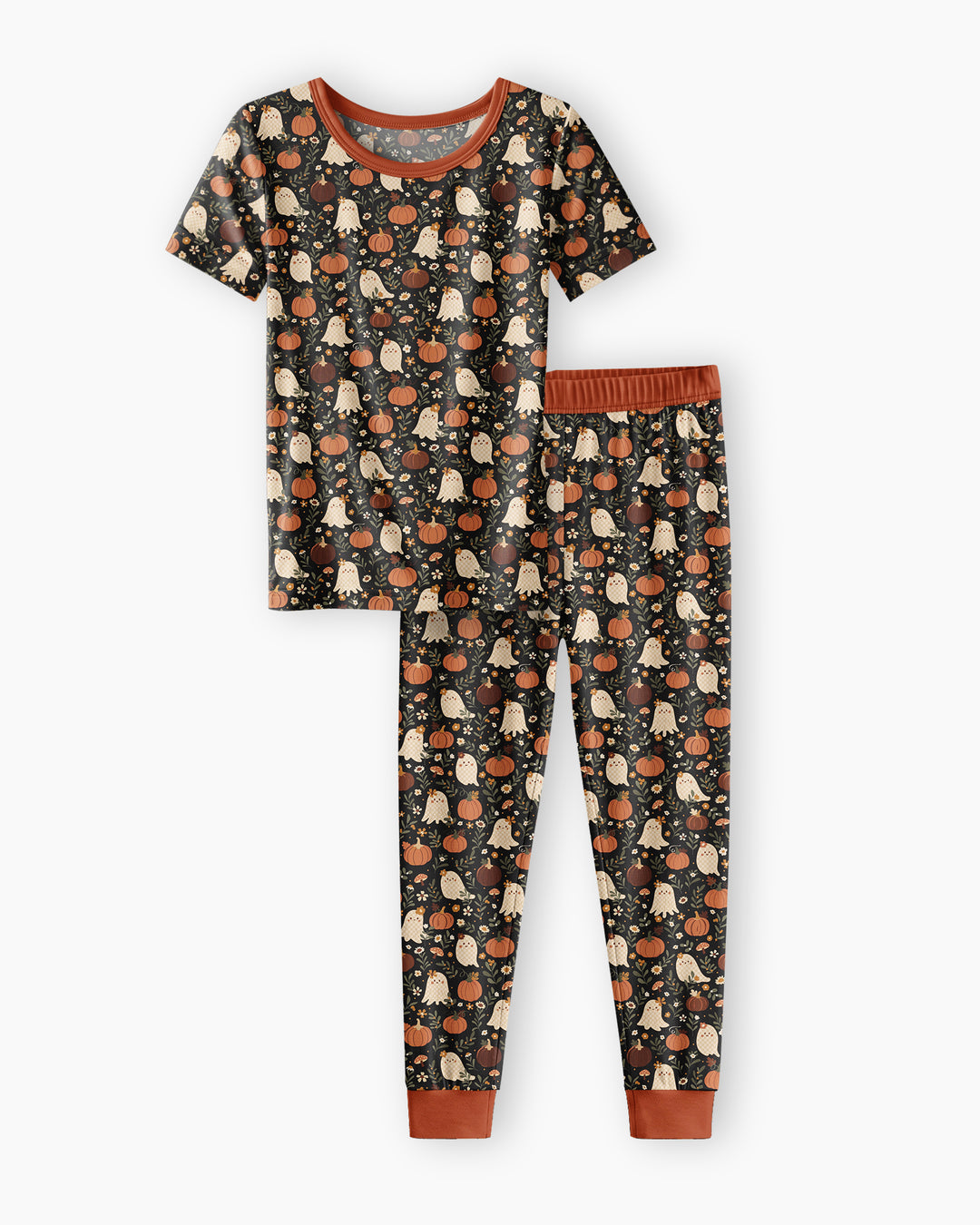 Ghost Pumpkin Harvest Floral Halloween Bamboo Two Piece Short Sleeve Pajama Set