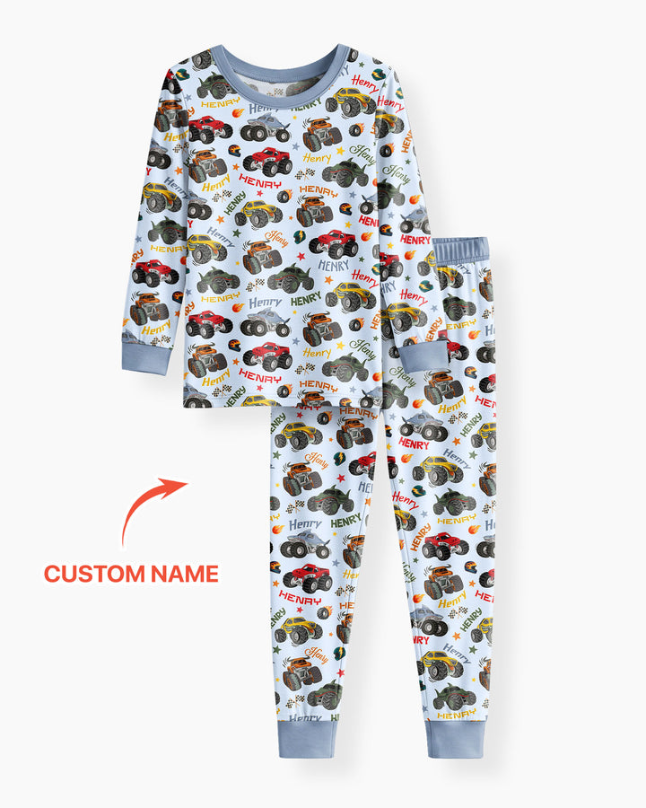 Personalized Monster Truck Bamboo Two Piece Long Sleeve Pajama Set