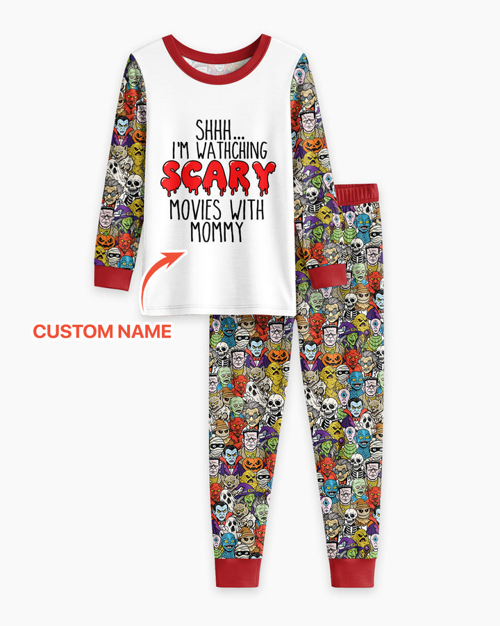 Personalized Shhh... I'm Watching Scary Movies With MOMMY Bamboo Two Piece Long Sleeve Pajama Set