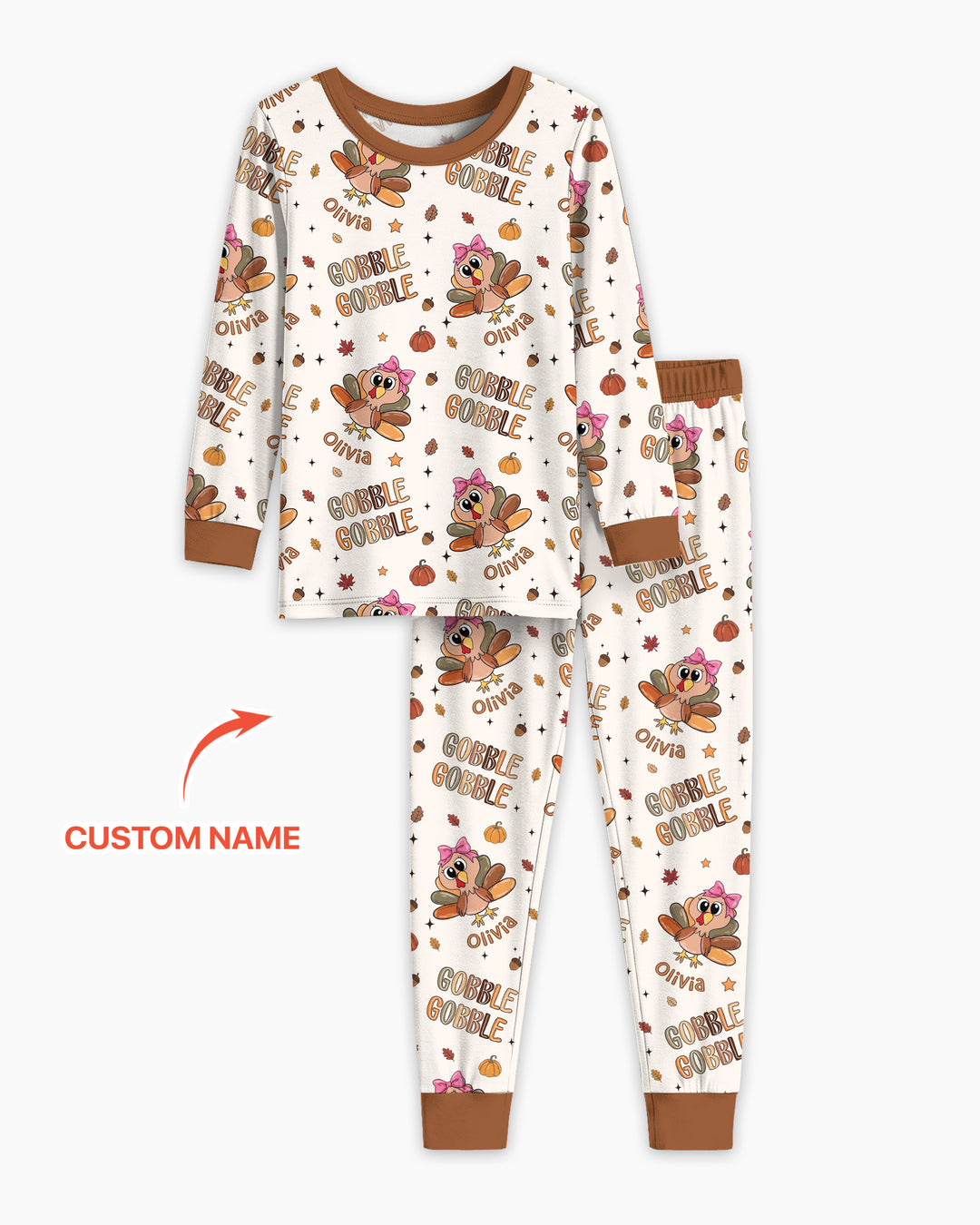 Custom Name Gobble Gobble Bamboo Two Piece Long Sleeve Pajama Set