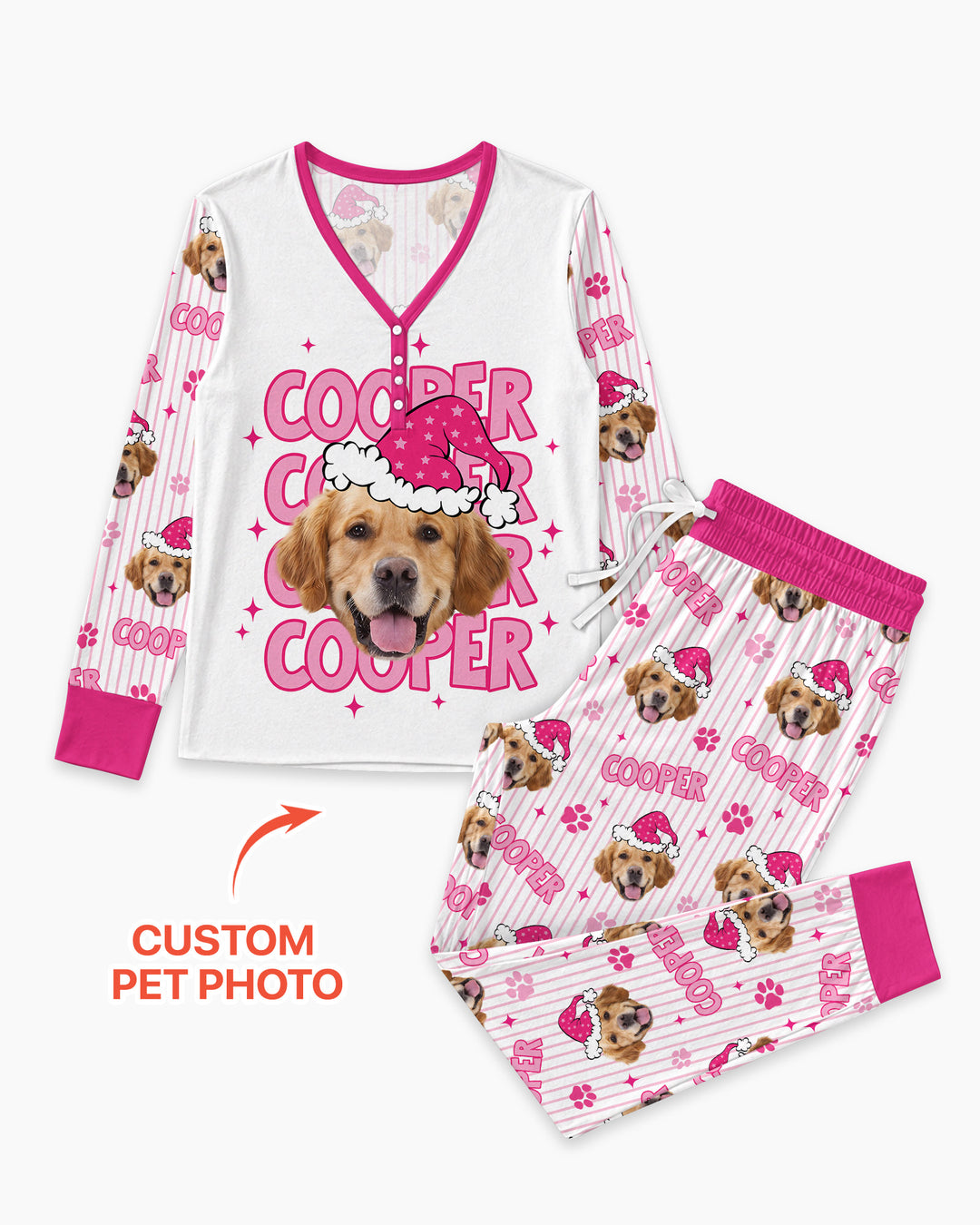Personalized Pink Santa Dog Bamboo Women Pajama Set