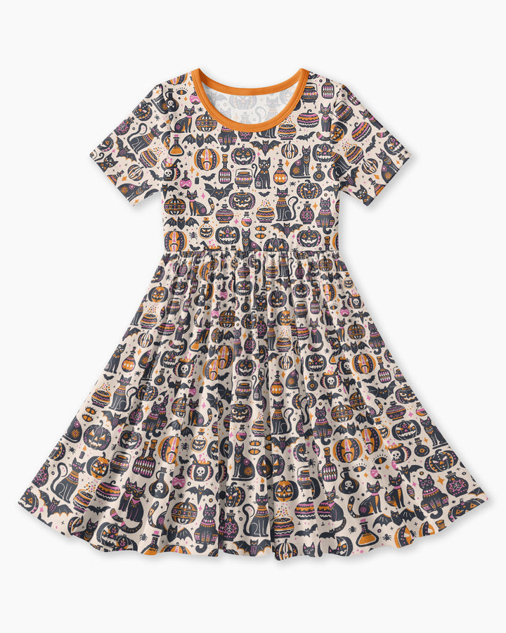 Whimsical Tribal Retro Halloween Black Cats Pumpkins Bamboo Twirl Dress
