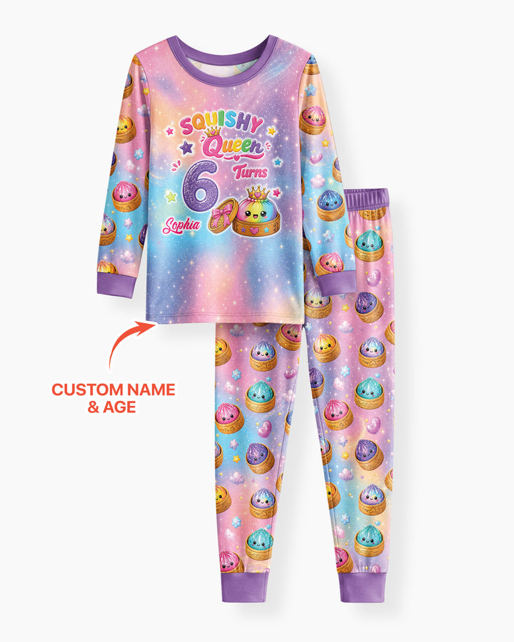 Glitter Dumpling Birthday Girl Custom Name & Age Bamboo Two Piece Long Sleeve Pajama Set