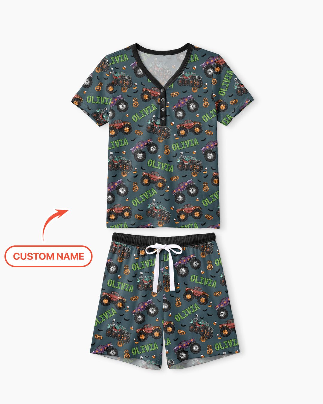 Custom Name Haunted Monster Trucks  Bamboo Women Short Sleeve Short Pajama Set