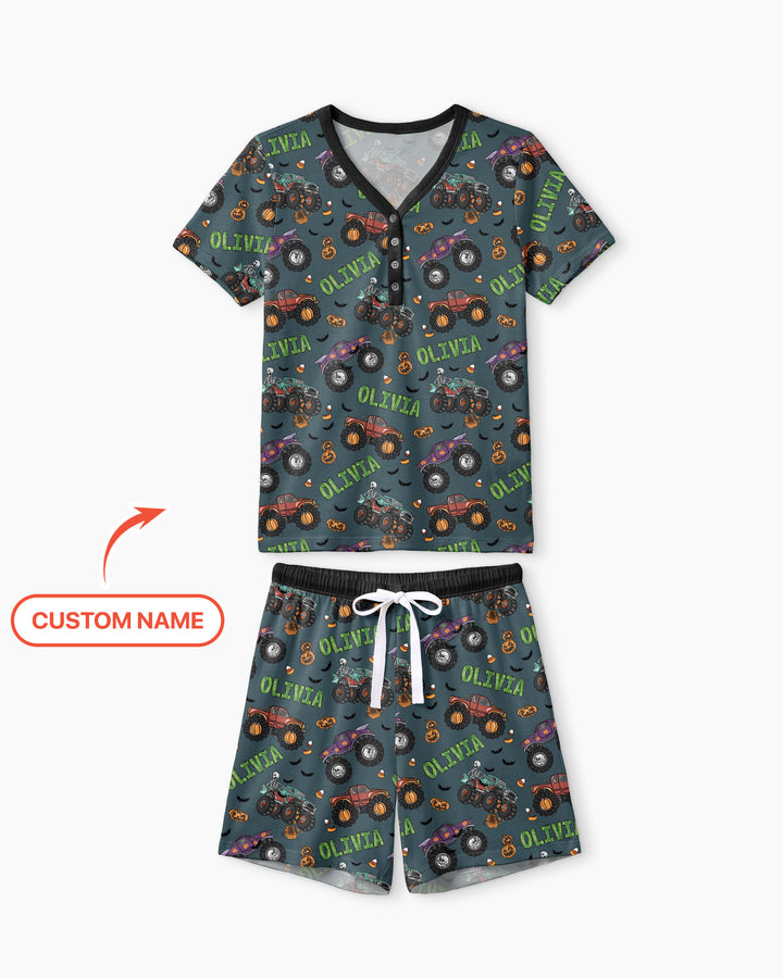 Custom Name Haunted Monster Trucks  Bamboo Women Short Sleeve Short Pajama Set