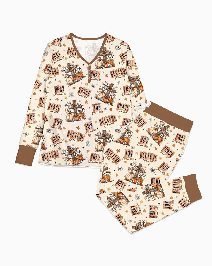 Floral Fall Give Thanks To The Lord Bamboo Women Pajama Set
