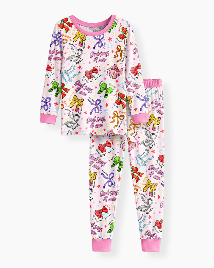 Pencil Bows God Says I Am Bamboo Two Piece Long Sleeve Pajama Set