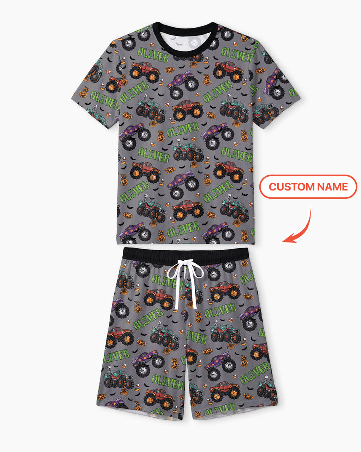 Custom Name Haunted Monster Trucks  Bamboo Men Short Sleeve Short Pajama Set