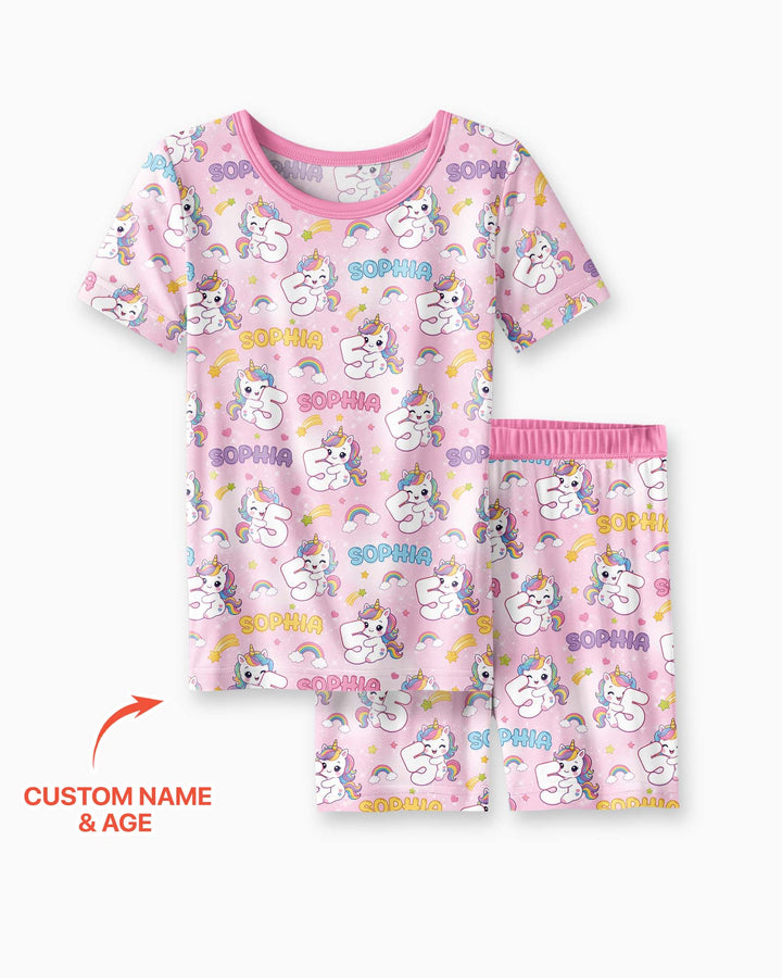 Custom Name Kawaii Unicorn Birthday Bamboo Two Piece Short Sleeve Shorts Pajama Set