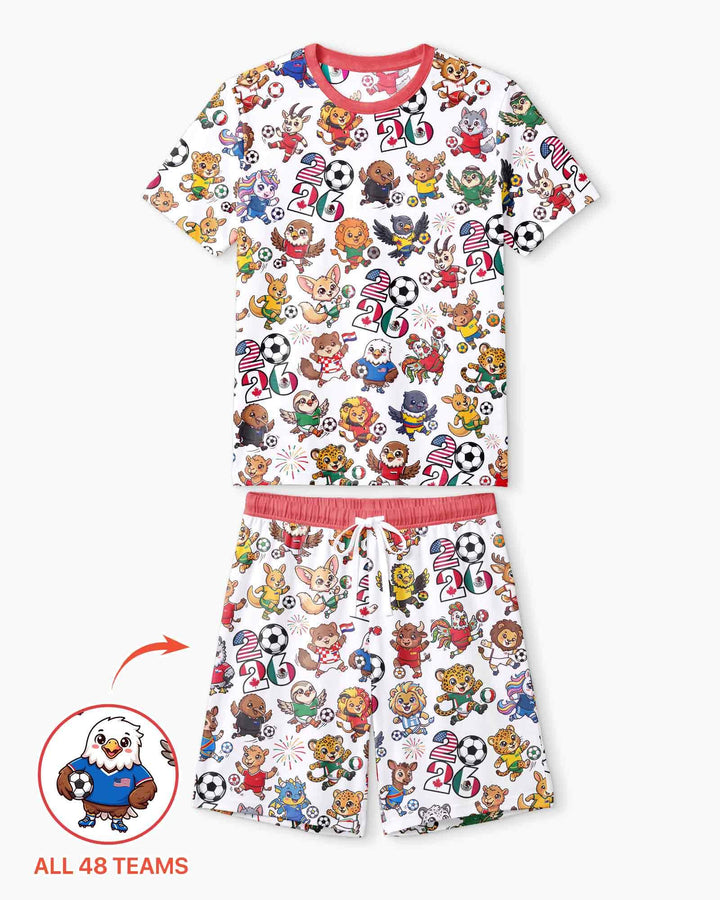 Kawaii Animals Soccer Tour 2026 Family Matching Bamboo Men Short Sleeve Short Pajama Set