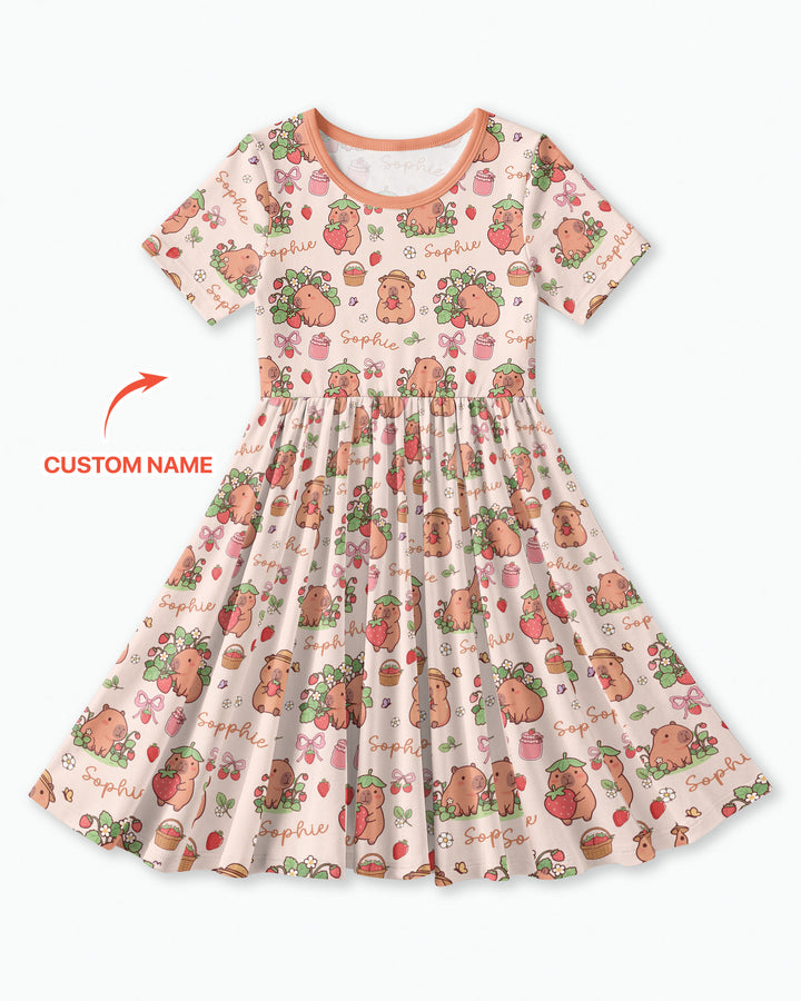 Custom Name Capybara Strawberry Bamboo Twirl Dress