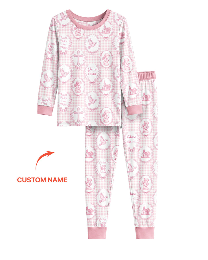 Custom Name Baptism Straight Outta Holy Water Bamboo Two Piece Long Sleeve Pajama Set