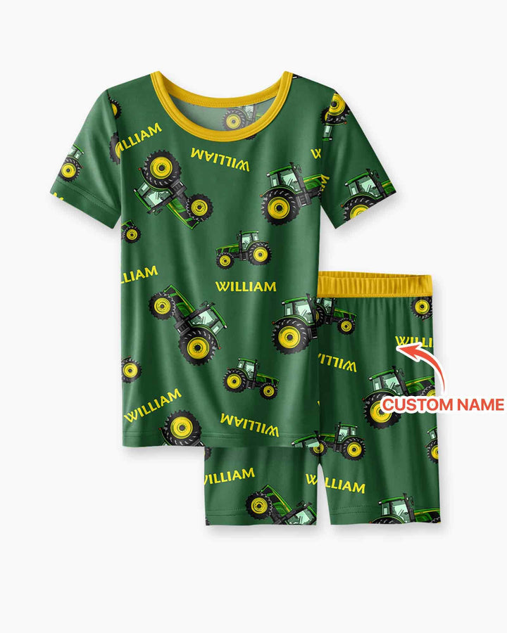 Custom Name Green Tractors Matching Daddy & Me Bamboo Two Piece Short Sleeve Shorts Pajama Set