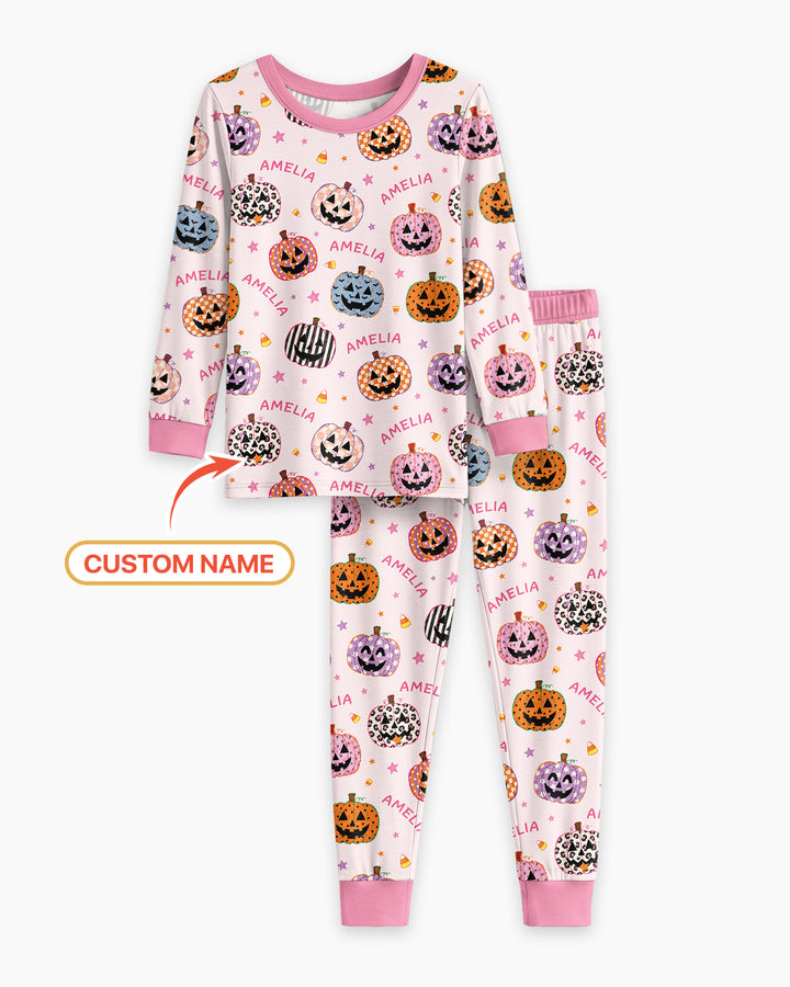 Custom Name Colorful Jack O Lantern Bamboo Two Piece Long Sleeve Pajama Set