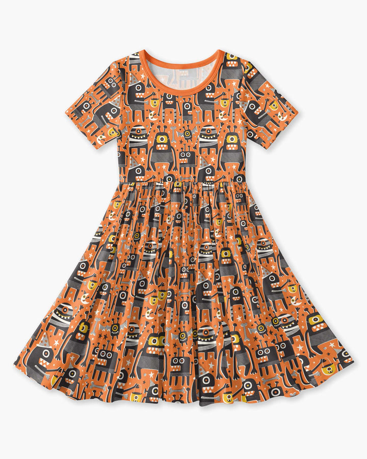Mid Century Halloween Monster Toss Bamboo Twirl Dress