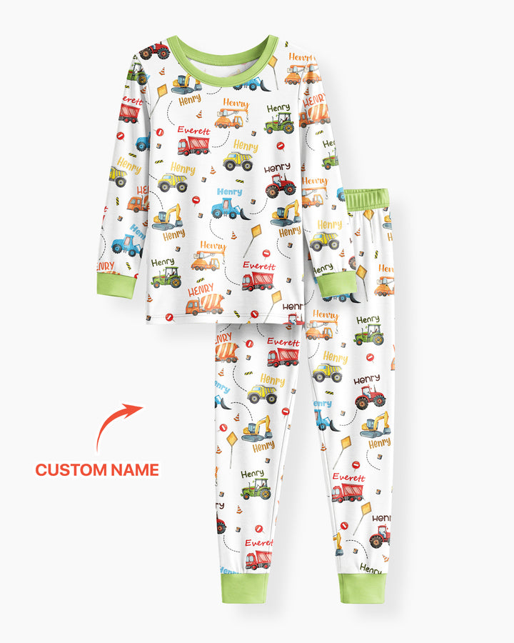 Construction Vehicles Custom Name Bamboo Two Piece Long Sleeve Pyjamas Set