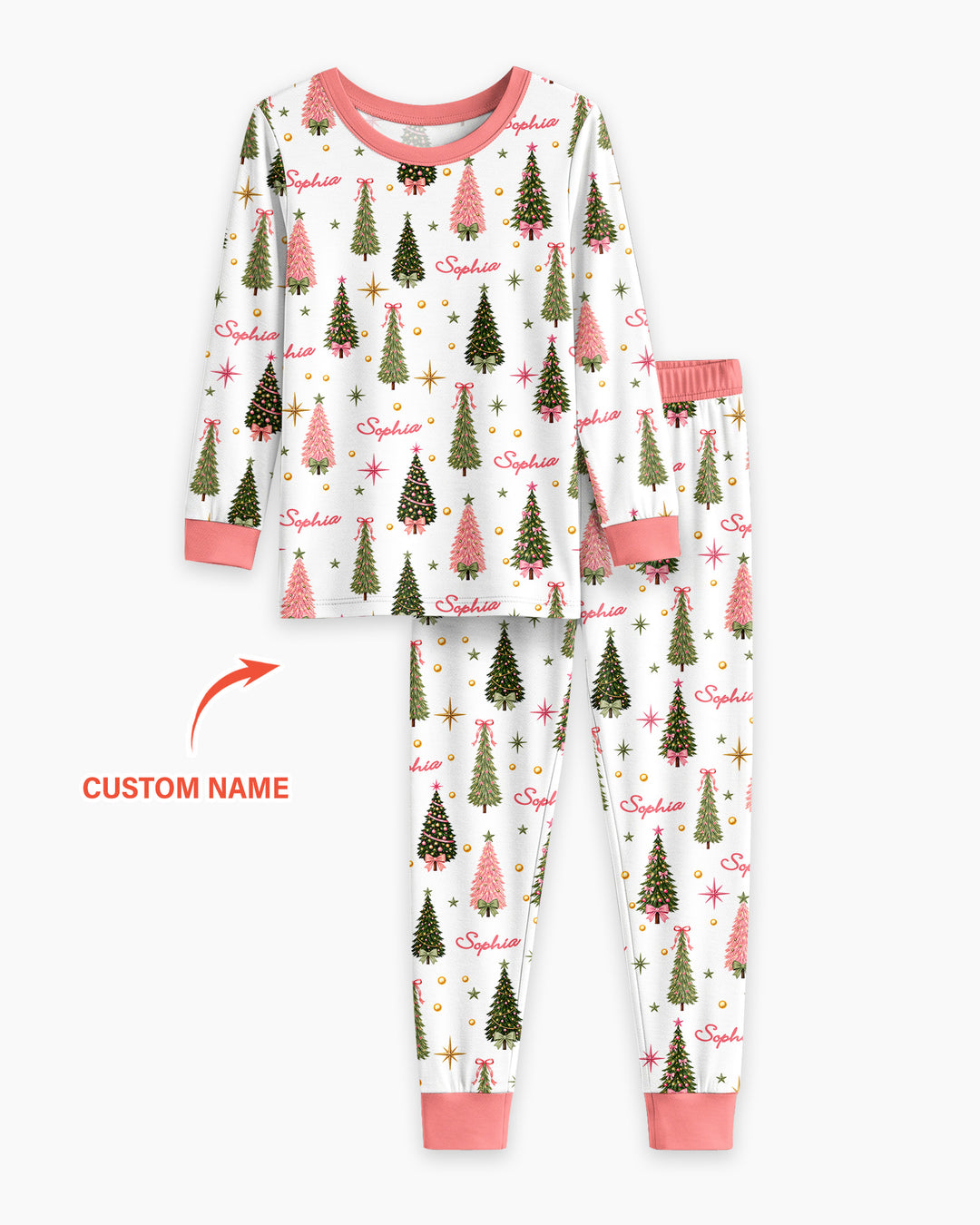 Custom Name Merry Christmas Tree Bamboo Two Piece Long Sleeve Pajama Set