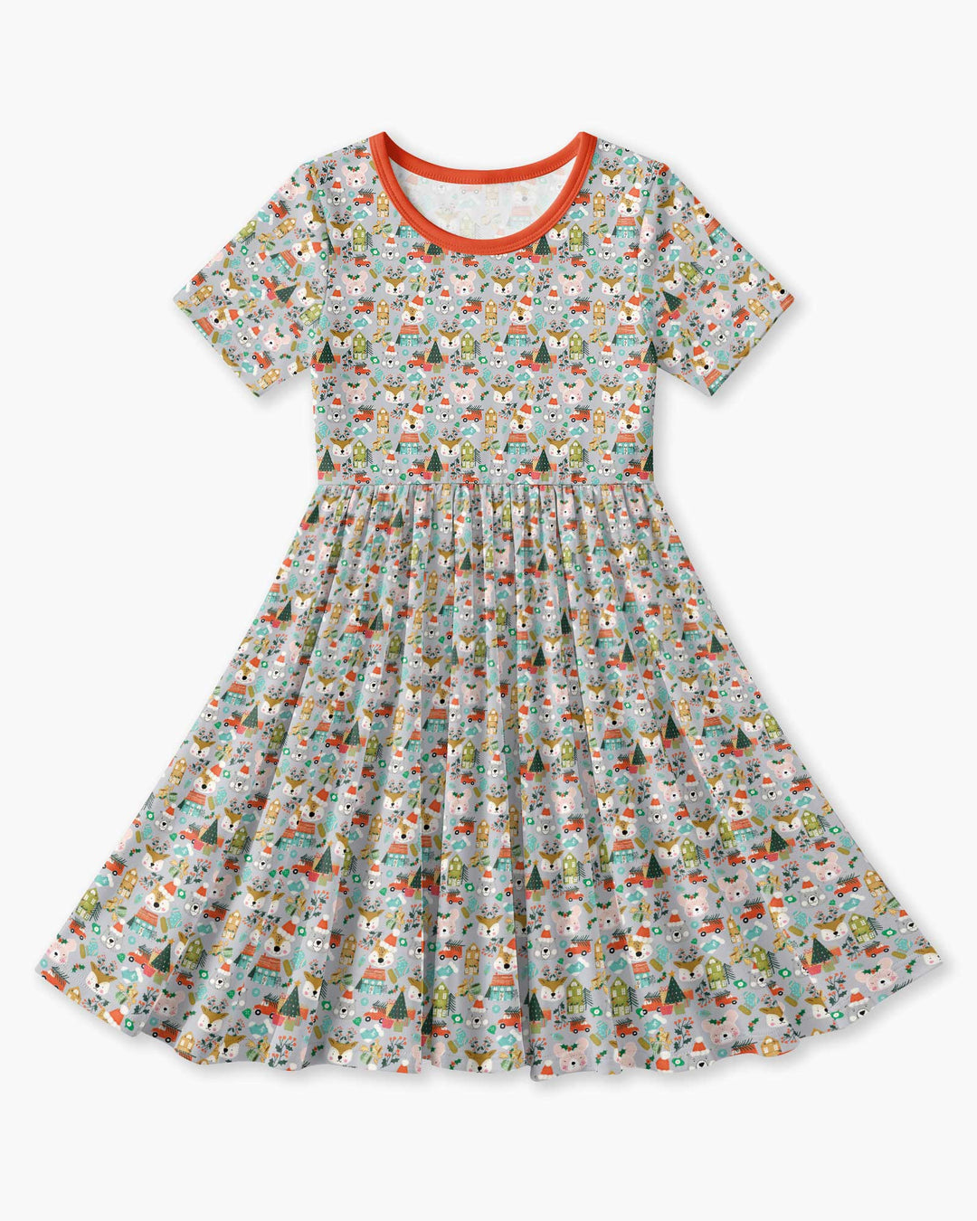 Christmas Woodland Deer Fox Bear Bamboo Twirl Dress