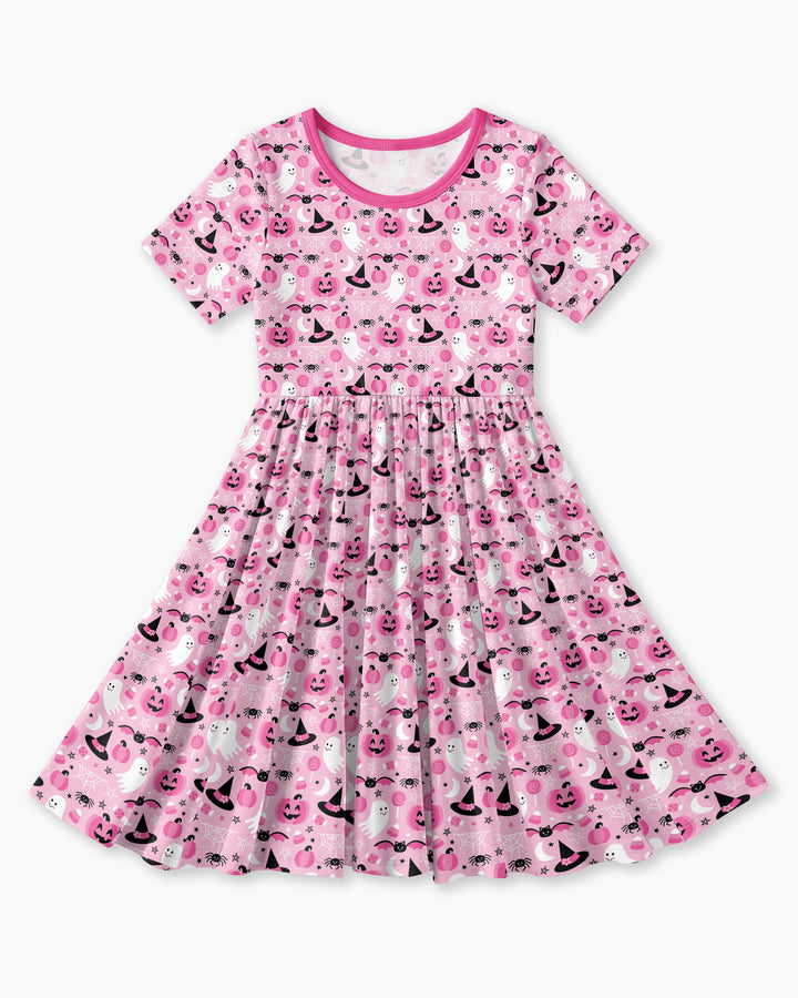 Cute Pink Halloween Ghost Pumpkin Witch Bamboo Twirl Dress