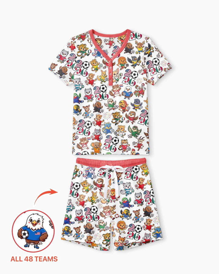 Kawaii Animals Soccer Tour 2026 Family Matching Bamboo Women Short Sleeve Short Pajama Set