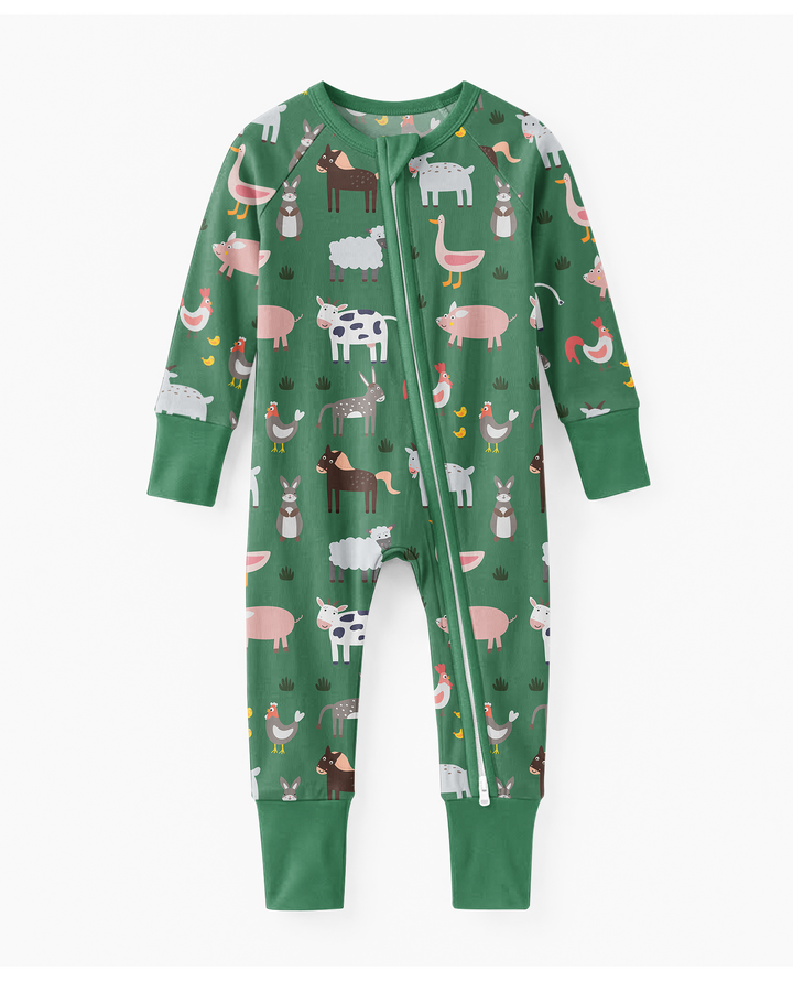 Green Farm Animals Bamboo Convertible Zippered Romper
