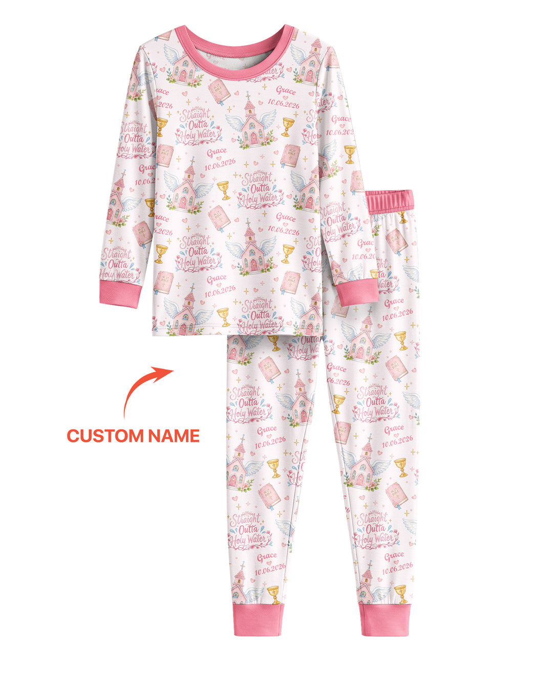 Custom Name Baptism Christening Straight Outta Holy Water Bamboo Two Piece Long Sleeve Pajama Set