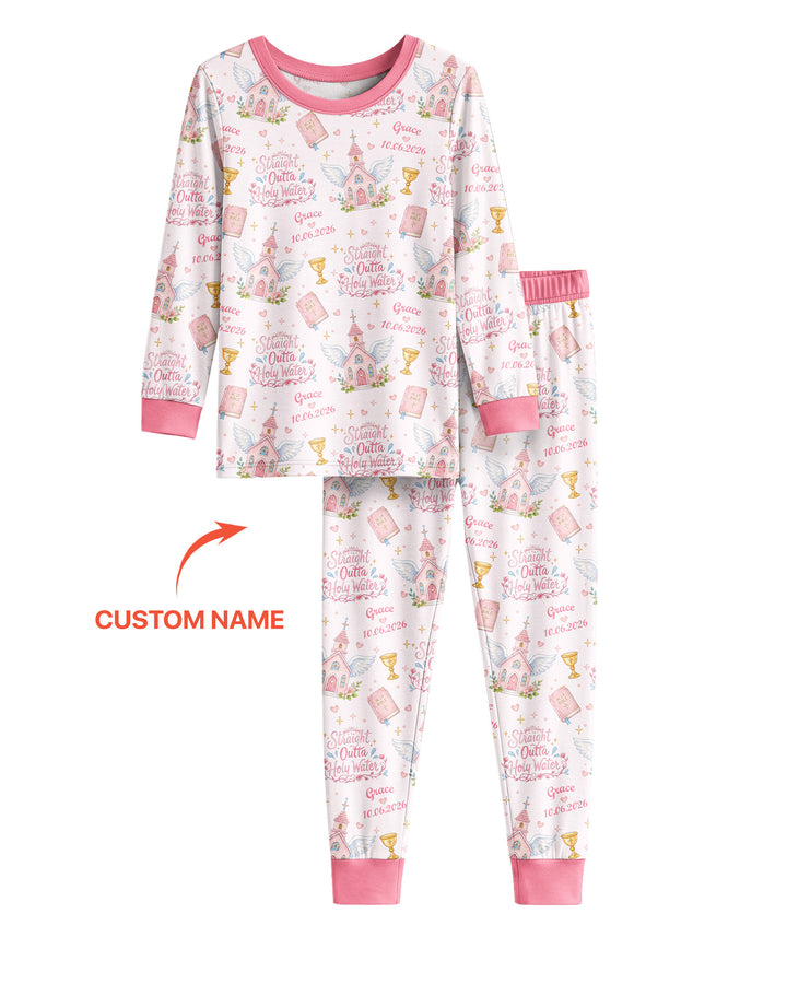 Custom Name Baptism Christening Straight Outta Holy Water Bamboo Two Piece Long Sleeve Pajama Set