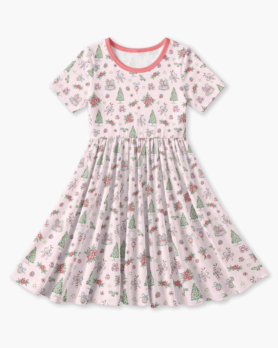Watercolor Pink Christmas Holidays Christmas Tree Gifts Candy Cane Bamboo Twirl Dress